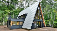 a house that is in the woods with a metal roof and two windows on it