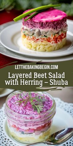 layered beet salad with herring - shuba in a jar on a white plate