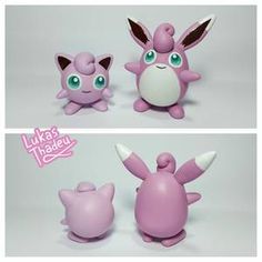 three different pictures of pokemon figurines with big eyes and ears, one is pink and the other is white