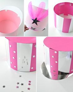 the steps to make a pink and white paper cupcake box with stars on it