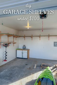 garage shelving under $ 100 with kayak in the foreground and storage area behind it