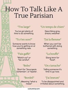 a pink poster with the words how to talk like a true parisian in english and french