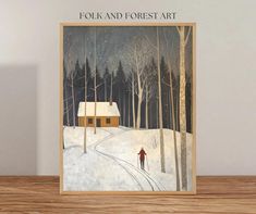 a painting of a person walking down a snow covered road in front of a cabin