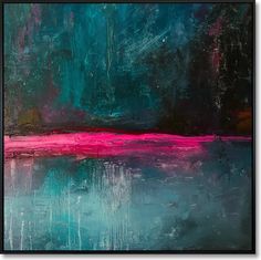 an abstract painting with blue, pink and green colors