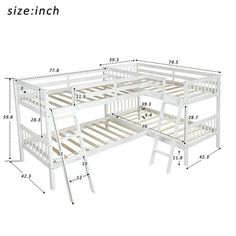 a white bunk bed with measurements for it