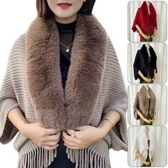 Product Description Womens Knitted Shawl Loose Thickened Faux Fur Collar Shawl Scarf Tassel Cardigan Description: Material：Acrylic+Polyester Width: 85cm   Length: 85cm Color: Black, Beige, Khaki, Green, Purple, Red Keep warm and cozy in this stylish cape. As large scarves for chilly day out, perfect warm blanket in chilly room. The design makes a chic and unforgettable statement. Be creative with this poncho. You can wear it as a wrap-around skirt, a fashionable shawl to give length to your uppe Single Clothes, Faux Fur Shawl, Elegant Shawl, Corporate Meeting, Cape Jacket, Fur Shawl, Spring Wear, Wrap Around Skirt, Warm Blanket