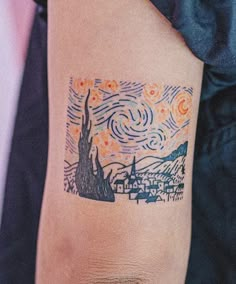 a person with a tattoo on their arm that has an image of a castle in the sky