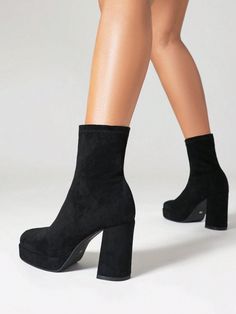 Women's Chunky Heel Waterproof Platform Short Boots With Square Toe, Elastic Fall Winter Ankle Boots Black Fashionable    Plain Sock Boots  Spring/Fall,Winter Women Shoes, size features are:Bust: ,Length: ,Sleeve Length: Socks With Platform Heels, Sock Heels, Spring Boots, Sock Boots, Womens Chunky Heels, Winter Ankle Boots, Socks And Heels, Ankle Boots Black, Chunky Boots