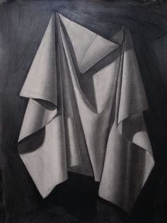 a black and white drawing of some folded fabric on a tablecloth, with dark background