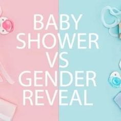 a baby shower and gender reveal banner with pacifiers, toys and other items