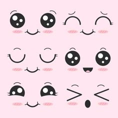 an image of different faces drawn in the style of cartoon eyes and noses with pink background