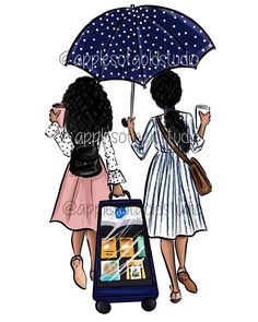 two women with umbrellas walking down the street while holding coffee and an open suitcase