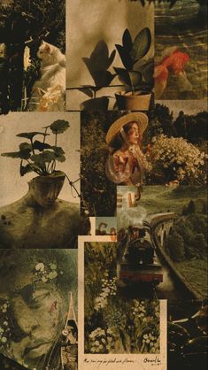 a collage of pictures with flowers and plants in them, including a man's head