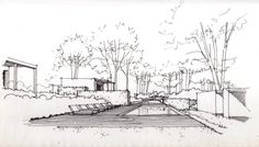 a drawing of an outdoor swimming pool with lounge chairs and trees in the back ground