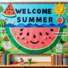 a welcome summer bulletin board with watermelon slices on it and bookshelves