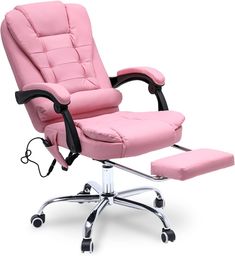 a pink office chair and foot stool with black trimmings on the arms, in front of a white background