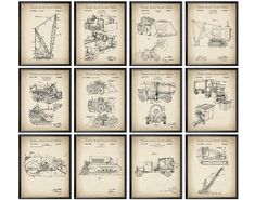 six framed drawings of tractors and machinery