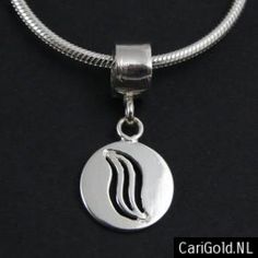 a close up of a silver necklace with a logo on the front and back of it