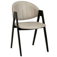 an upholstered chair with black legs and a beige fabric seat, viewed from the front