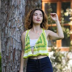 Crochet Tie-Front Green Vest 🦺🧶 Now available on Etsy, link in bio.���👆 #tuffhandicraft #handmadecrochet #crochetvest #greenpeace #lovegreen💚 #knitwear #tie #giftideas #giftforher #giftformom #etsygifts #etsyshop #etsyseller #knitfashion #greenaesthetic #sunnydays☀️ #brightfashion #summeroutfits #ethnicwear #bohostyle #bffgifts #supportsmallbusiness #fashionforall Knit Bags, Crochet Tie, Bright Fashion, Green Vest, Group Boards, Crochet Vest, Etsy Business, Bff Gifts, Knit Fashion