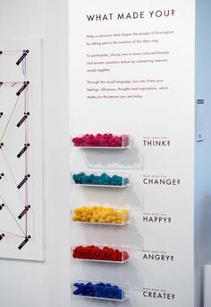 an art exhibit with colorful objects on the wall and information about what made you?