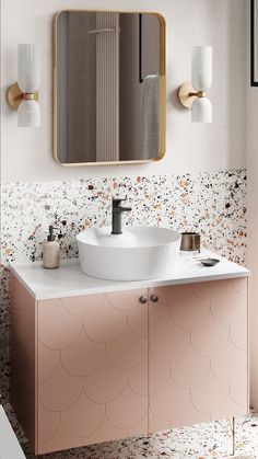 a bathroom with a sink and mirror on the wall