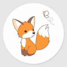 a round sticker with an image of a fox and a butterfly on it's side