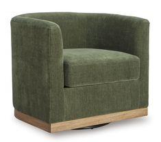 a green chair sitting on top of a wooden base