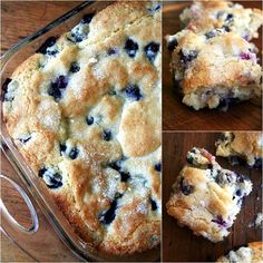 blueberry cobbler in a glass baking dish on a wooden table with four different pictures