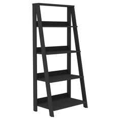 a black ladder shelf with three shelves on each side