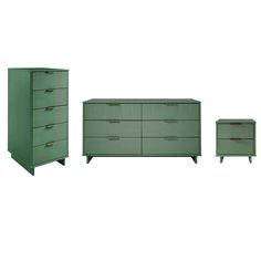 three pieces of furniture including a dresser, chest and night stand in green painted wood