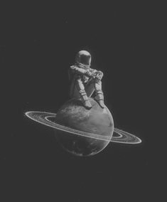 an astronaut is sitting on top of the planet with saturn in the foreground and earth in the background