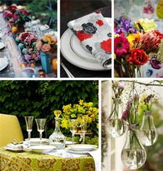 there are many different pictures with flowers in vases and plates on the table together