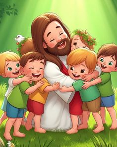 a painting of jesus surrounded by children in front of green grass and sunbeams