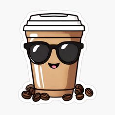 a coffee cup with sunglasses and coffee beans on the ground sticker is shown in black