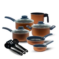 a set of pots and pans with utensils