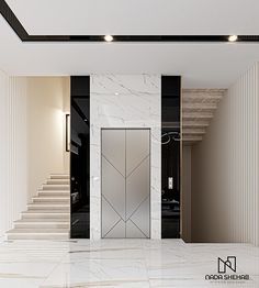 an empty room with marble floors and stairs leading up to the second floor that is decorated in black and white