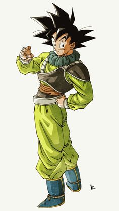 a cartoon character with black hair and green clothes, holding his hand on his hip