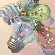 an oil painting of some light bulbs