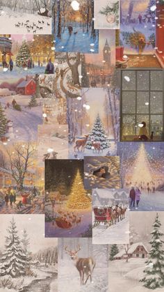 a collage of christmas scenes with santa's sleigh