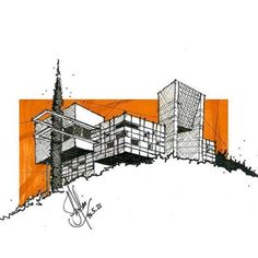 an orange and white drawing of some buildings