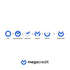 the logo for mega credit is shown in blue and white, with three different symbols