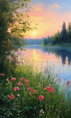 a painting of the sun setting over a lake with wildflowers in foreground