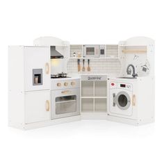 a play kitchen with white appliances and cabinets