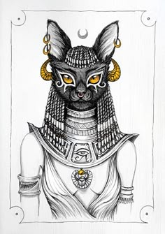 a drawing of an egyptian cat with yellow eyes and headdress on it's face