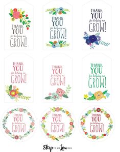 six flower themed tags with the words thank you bloom