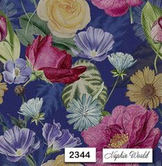 an image of flowers on a blue background with the words, fabric world 2234