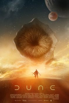 the poster for dune is shown with an image of a man standing in front of planets