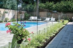 a backyard with a swimming pool surrounded by greenery and flowers in the foreground