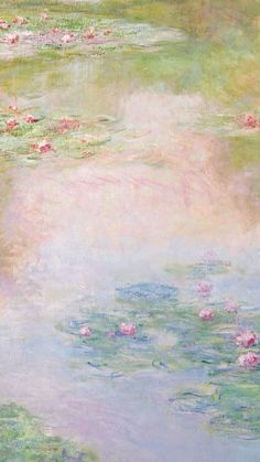 a painting of water lilies in a pond with pink and green flowers on it